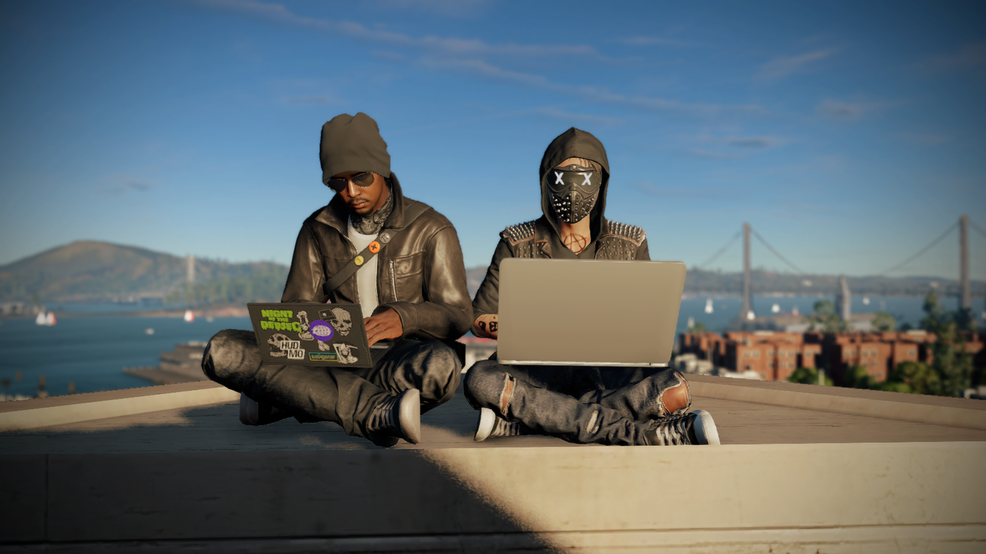 a screenshot from Watch Dogs 2 of Marcus and Wrench sitting next to each other. They are both sitting with their legs crossed and with their laptops on their laps. Marcus is customized to wear a simple grey shirt with a leather jacket overtop, combined with slightly faded black jeans and black high-top sneakers. He has a large loose beanie on his head, along with a pair of aviators, and a bandana-made-facemask around his neck. The bandana's pattern features various skulls.