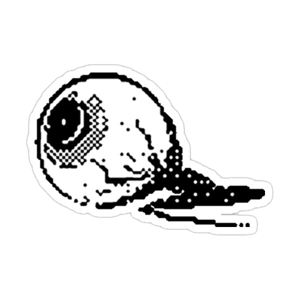 a pixel drawing of an eyeball in greyscale with a dithering effect.