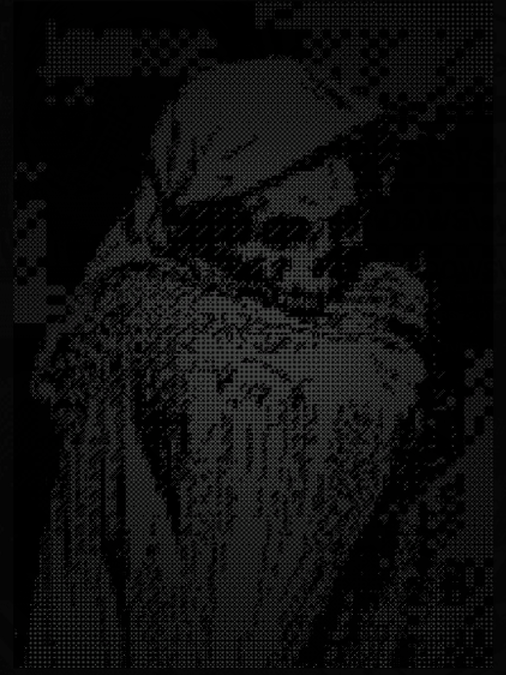 a phone wallpaper of a grim reaper-like figure. it is mostly greyscale and features dithering shading.