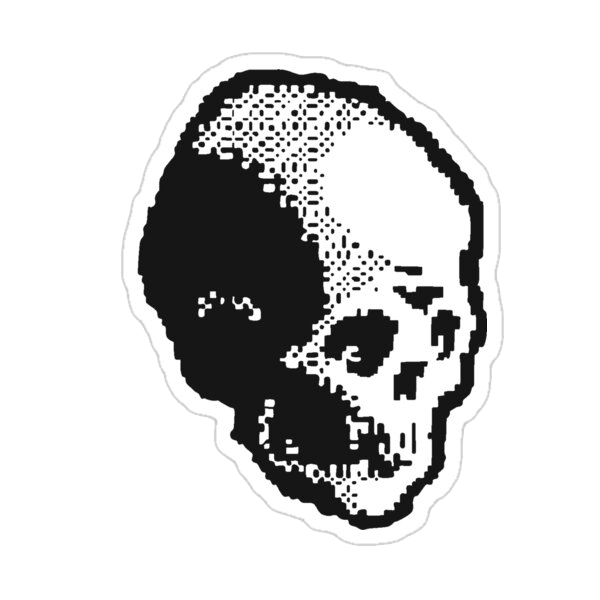 a 3/4 degree to the right stylized human skull in a pixelated art style, with dithering shading. it is monochrome